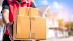 1 Handsome Delivery Man in Red Uniform Postal Delivery Boxes Packaging Fast and free Delivery TRANSPO