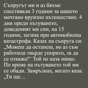 Съпругът ми и аз бяхме спестявали 3 години за нашето мечтано круизно пътешествие. 4 дни преди пътуването, доведеният ми син, на 15 години, загина при автомобилна катастрофа. 2 izteglen fajl 3