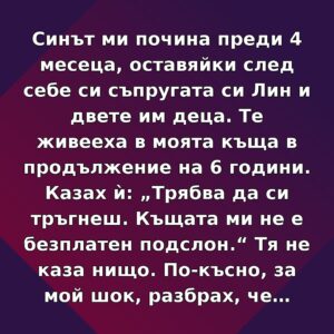 Синът ми почина преди 4 месеца, оставяйки след себе си съпругата си Лин и двете им деца. Те живееха в моята къща в продължение на 6 години. Казах ѝ: „Трябва да си тръгнеш. Къщата ми не е безплатен подслон.“ Тя не каза нищо. По-късно, за мой шок, разбрах, че… 56 son story bg new gradient dark 1080