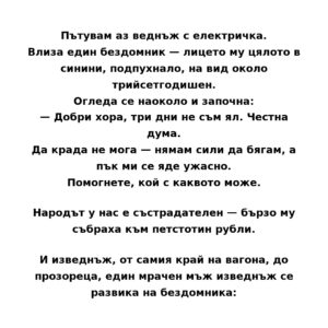 Пътувам аз веднъж с електричка. Влиза един бездомник — лицето му цялото в синини, подпухнало, на вид около трийсетгодишен. 12 story electric train bg 1080