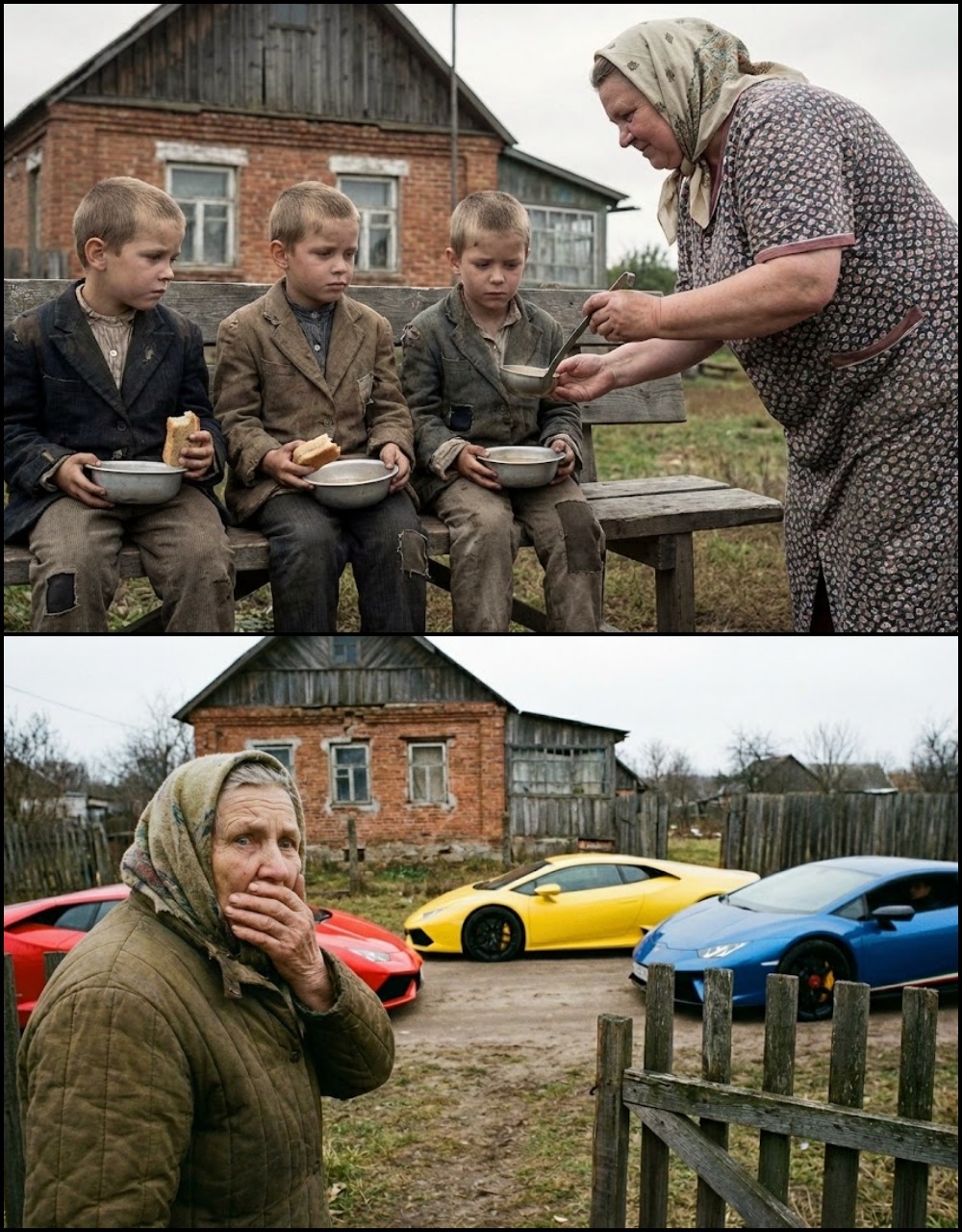 Бедна възрастна жена нахрани три бездомни деца, а години по-късно пред нея спряха три Lamborghini. Това, което последва, остави всички БЕЗ ДУМИ… 😲😲😲 3 605458492 905039312096040 188008