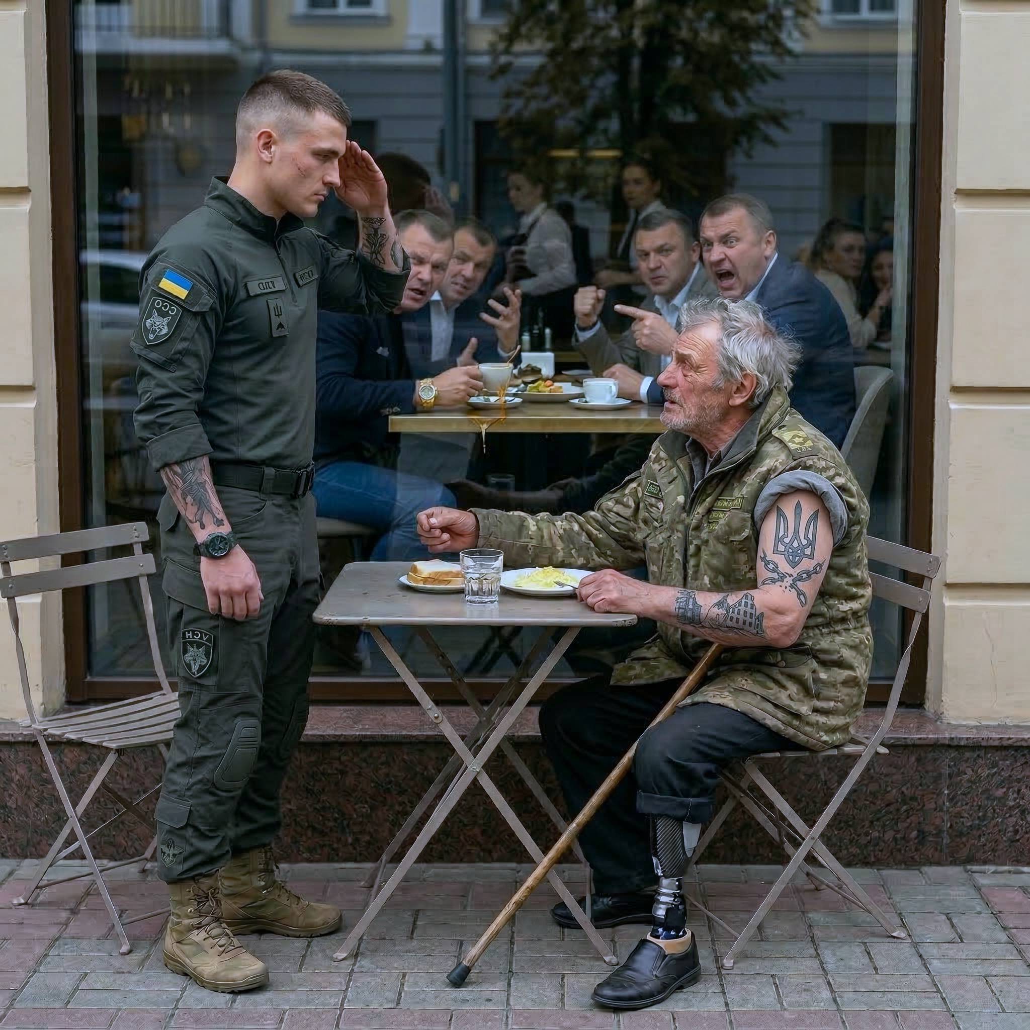 „Незабавно изведете този бездомник навън, разваля ни апетита!“ — с отвращение подхвърли разглезен младеж в скъп ресторант. Те дори не подозираха какво означава татуировката, която младият офицер от специалните части току-що беше забелязал… 3 652478449 122116365849198524 860