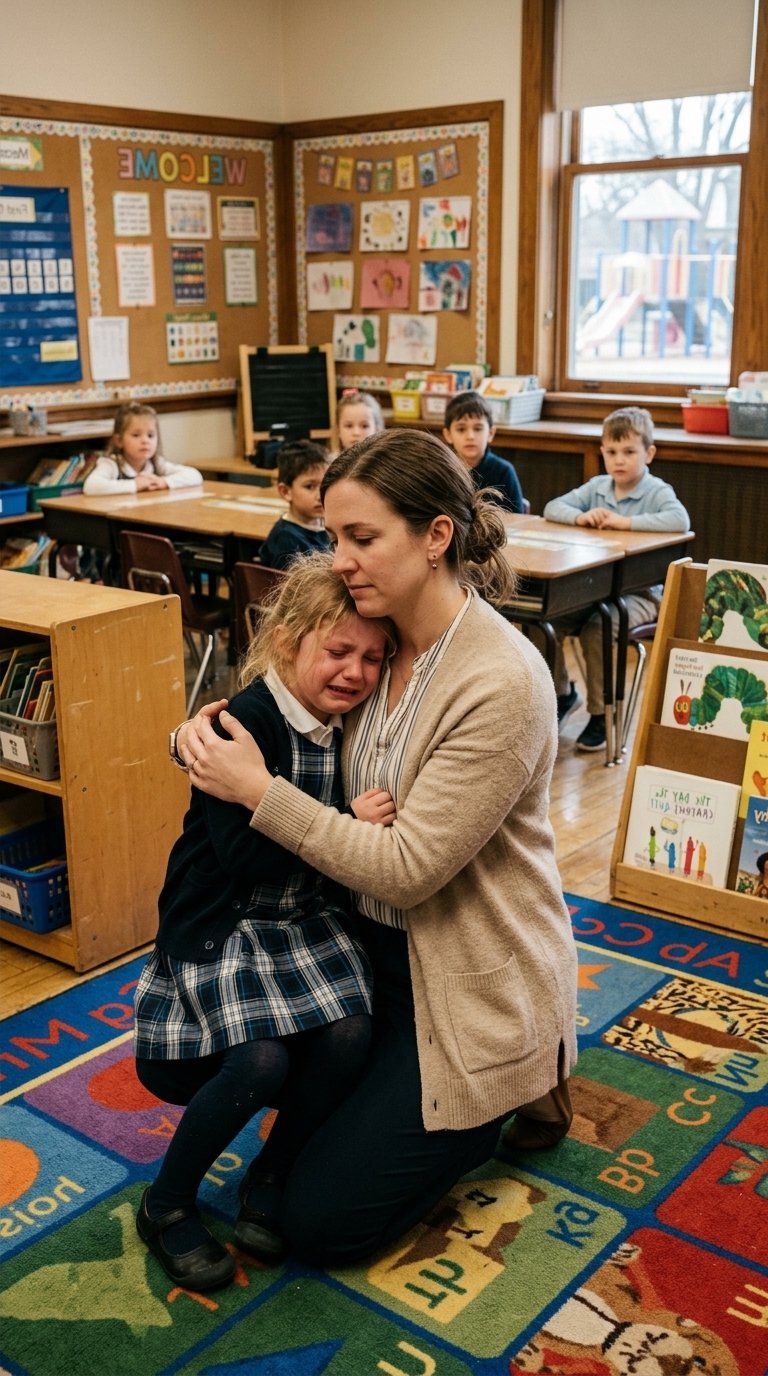 teacher comforting crying girl e