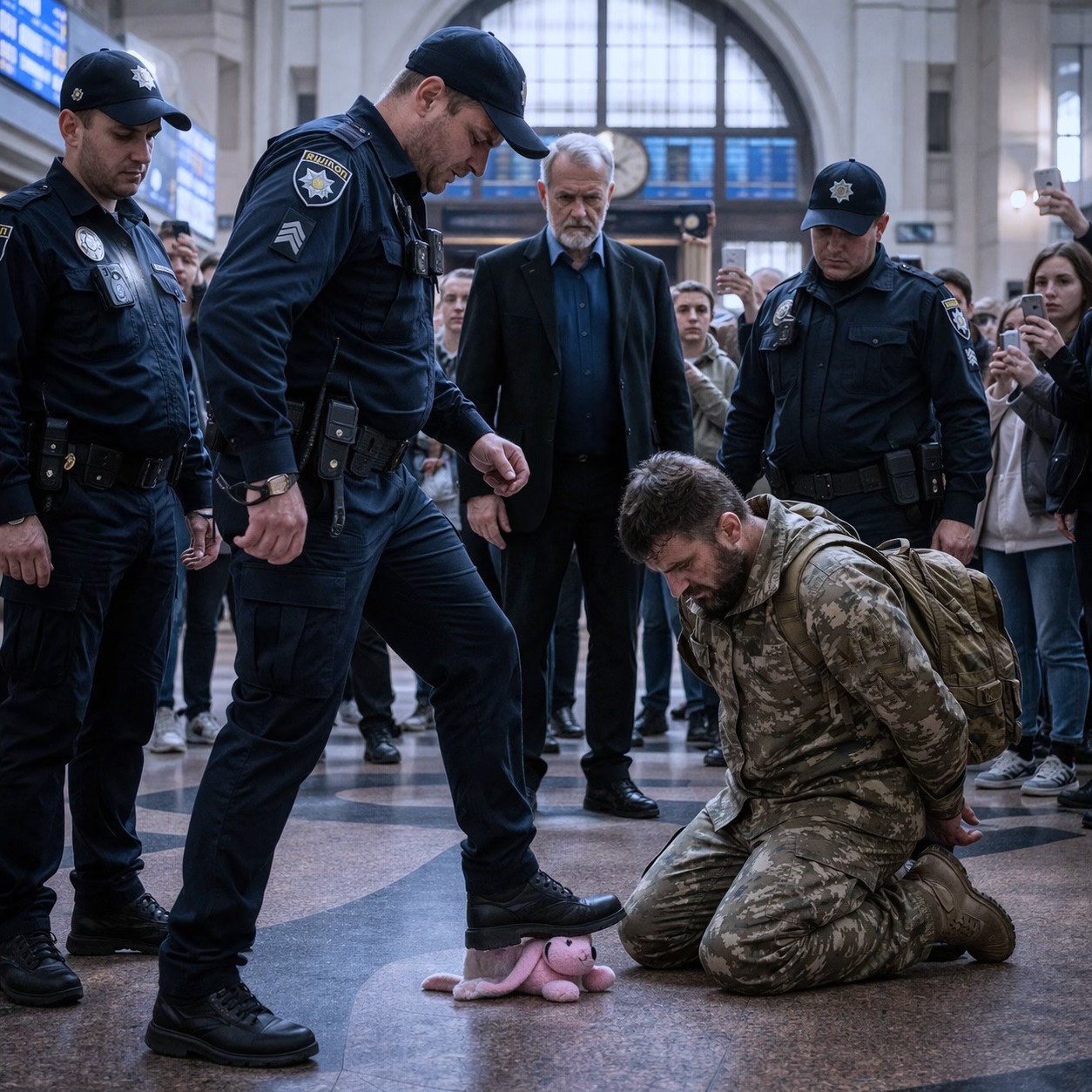 Трима самоуверени патрулни полицаи принудиха изтощен военен медик да коленичи насред гарата. Те се опияняваха от властта си, тъпчейки играчката на дъщеря му, но допуснаха една фатална грешка — не се обърнаха назад... 3 668964817 122125391067192605 896